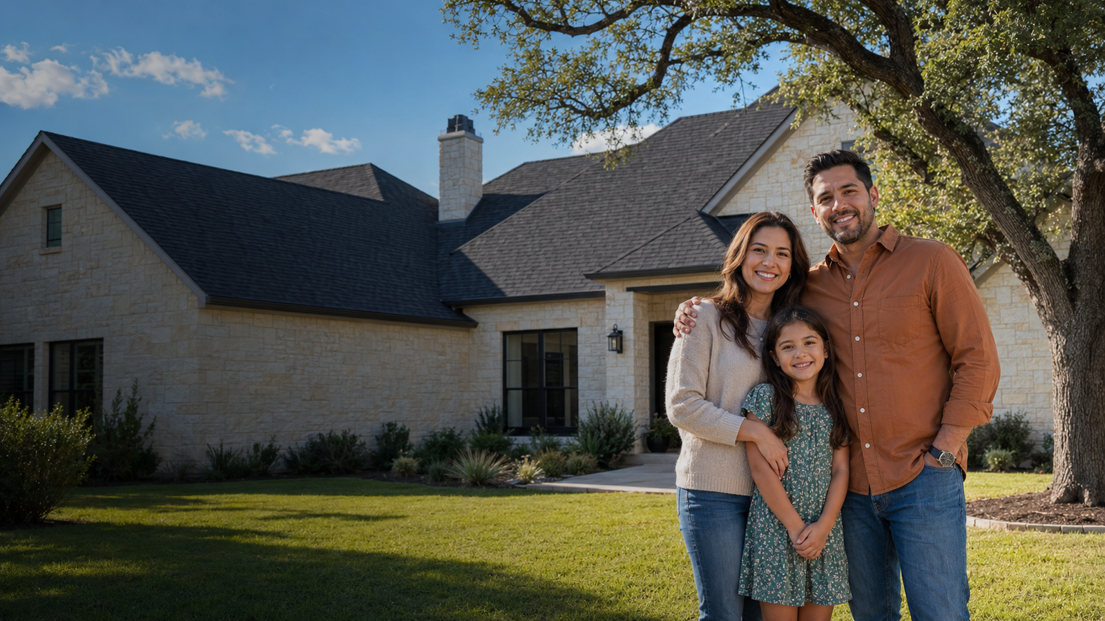 A happy Texas family in front of their home
